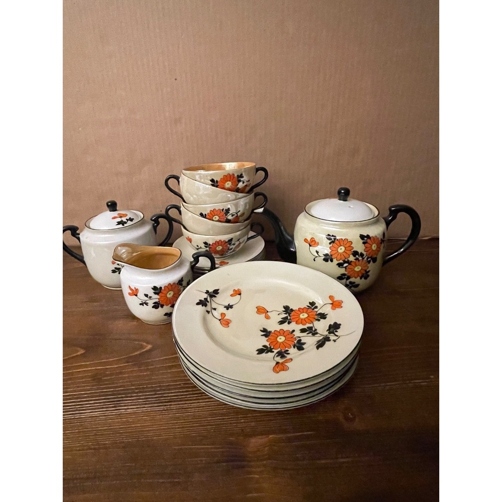 Vintage Japanese Lusterware Tea Set 20pc Hand Painted Orange Chrysanthemum